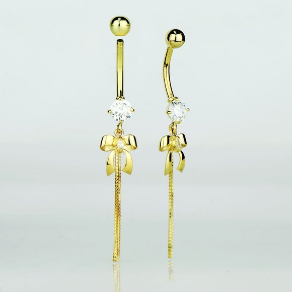14K Solid Gold Bow Tie Belly Rings Piercings CZ Stones for Womens Chain Piercing - Picture 1 of 5